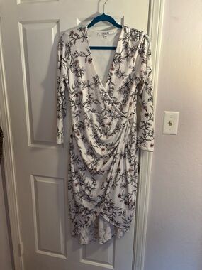 Guess White Floral Wrap-Style Long Sleeve Midi Dress